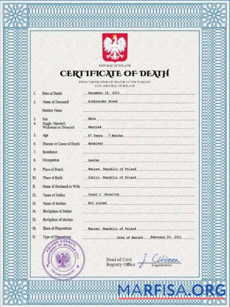Downloadable Poland vital record death certificate PSD template